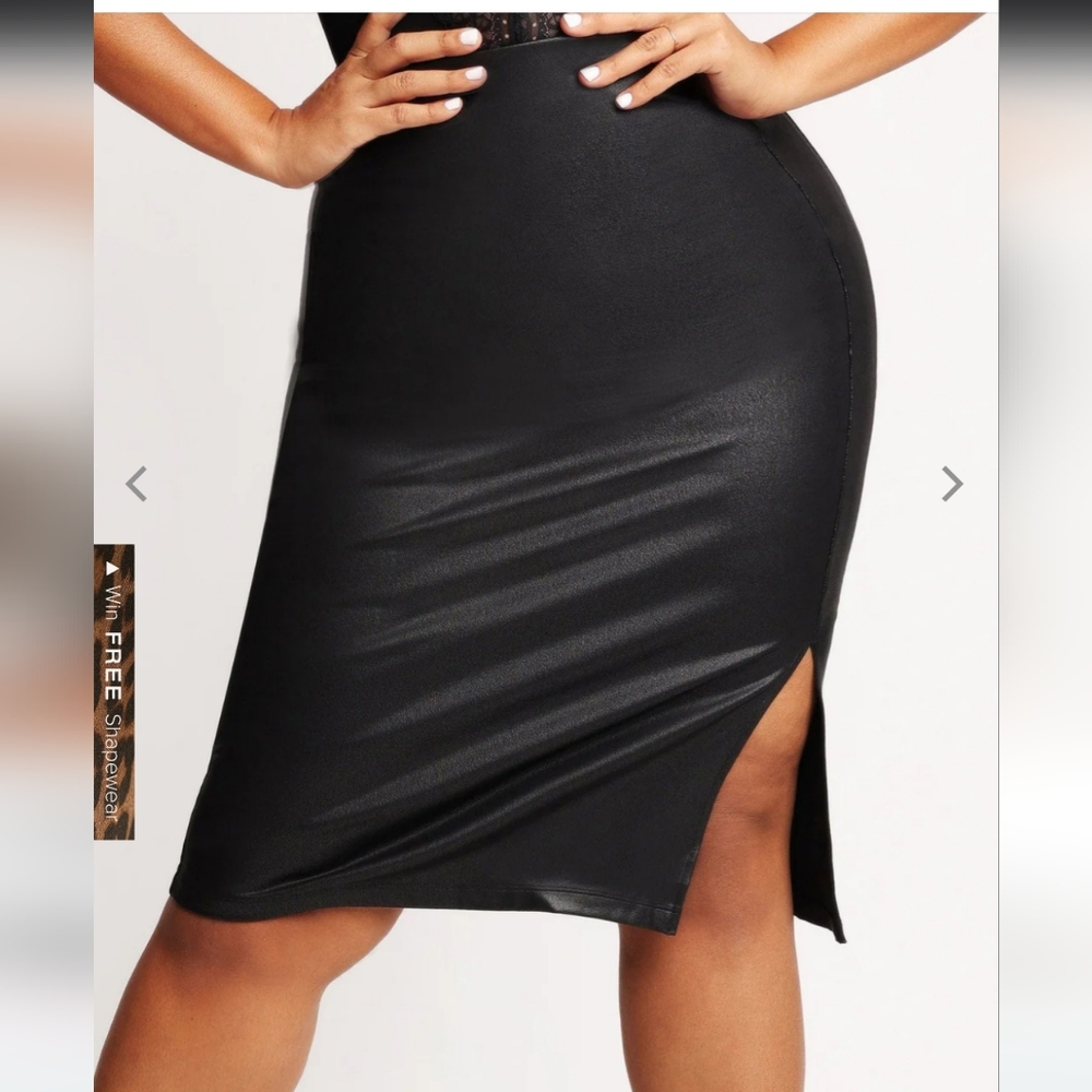 Shapewear Faux Leather Front Slit Midi Skirt